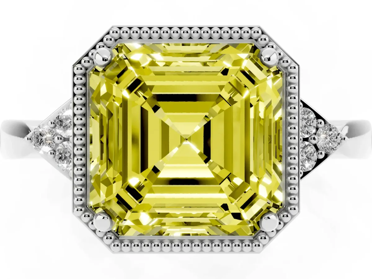 Fancy Yellow Milgrain Asscher Cut Cut Diamond Ring with Tapered Pave Band and Four Prong Setting White gold