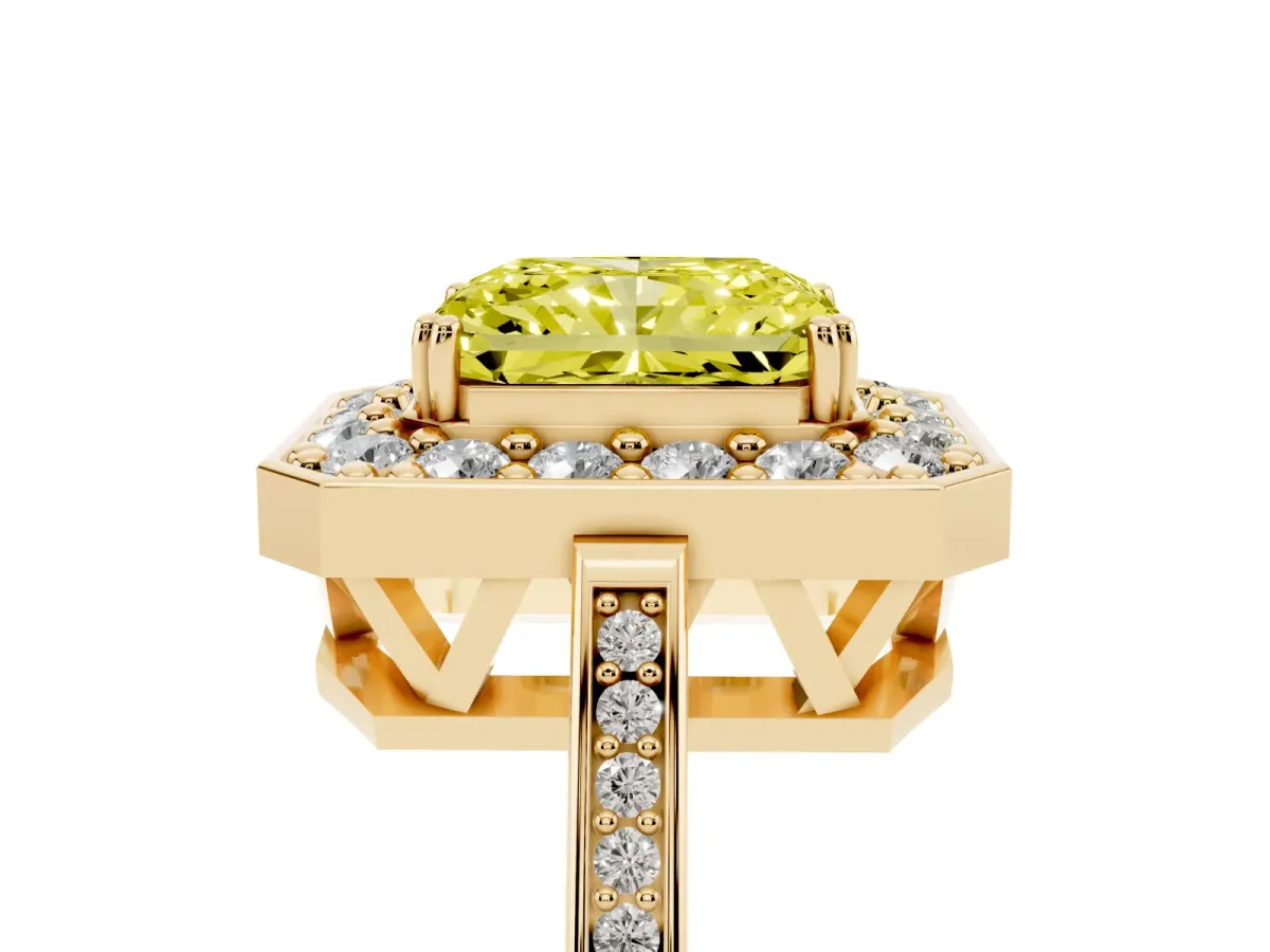 Fancy Yellow Radiant Cut Diamond Halo Ring with Split Shank and Four-Prong Setting Yellow gold