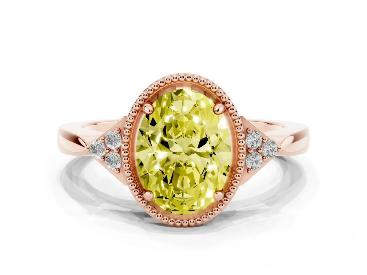 Fancy Yellow Oval Cut Diamond Halo Ring with Tapered Band and Four-Prong Setting Rose gold