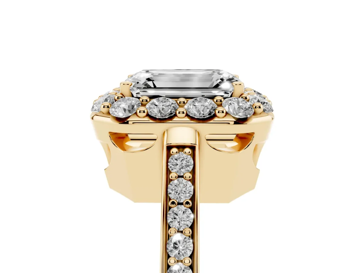 Emerald Cut Diamond Floral Halo Ring with Pavé Band and Prong Setting Yellow gold