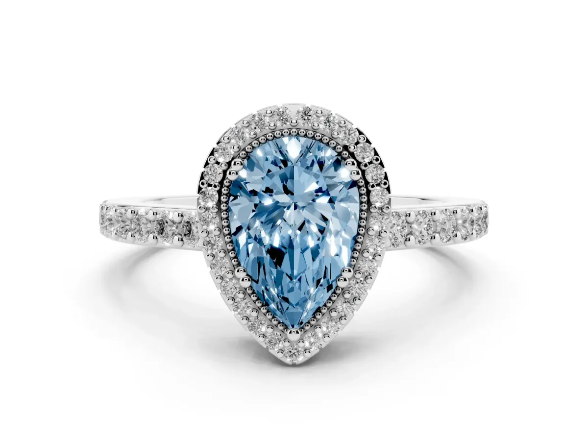 Fancy Blue Pear Cut Cut Diamond Halo Engagement Ring with Milgrain Detail and Pavé Band White gold