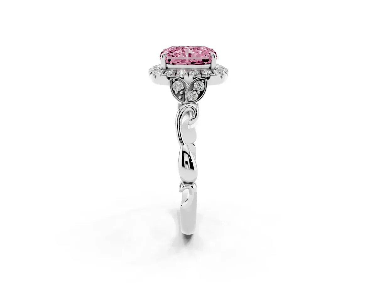 Fancy Pink Radiant Cut Halo Diamond Engagement Ring with Vintage-Inspired Band and Four-Prong Setting Platinum