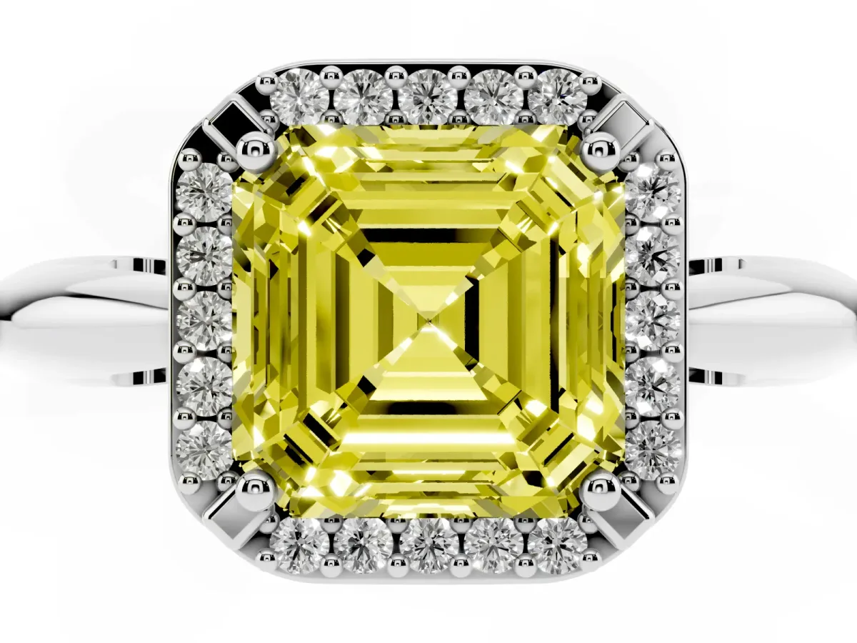 Fancy Yellow Asscher Cut Cut Diamond Halo Engagement Ring with Split Shank and Four-Prong Setting Silver