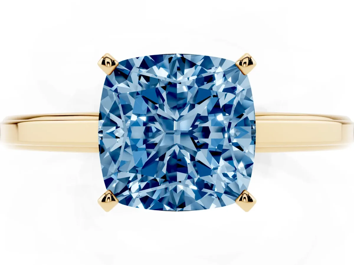 Fancy Blue Cushion Cut Solitaire Diamond Ring with Four-Prong Setting and Classic Band Yellow gold