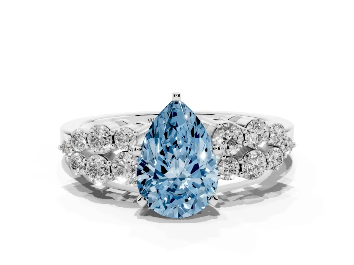 Fancy Blue Pear Cut Cluster Diamond Engagement Ring with Pavé Band and Four-Prong Setting Silver
