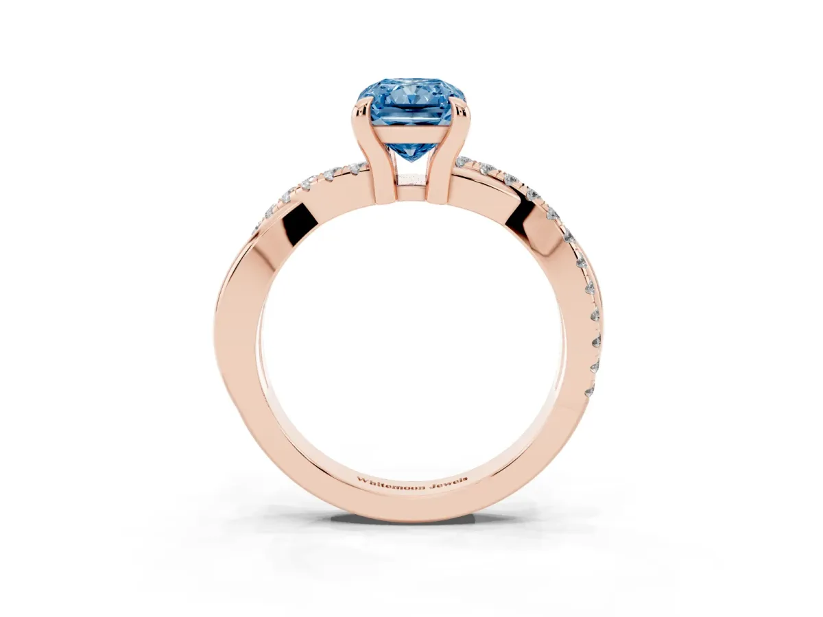 Fancy Blue Radiant Cut Cut Diamond Twist Band Solitaire with Prong Setting Rose gold