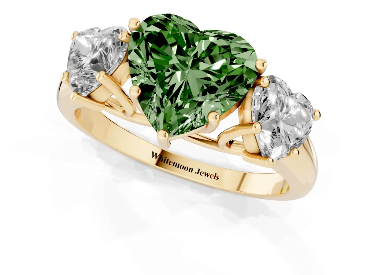 Fancy Green Three-Stone Heart Cut Diamond Engagement Ring with Prong Setting Yellow gold