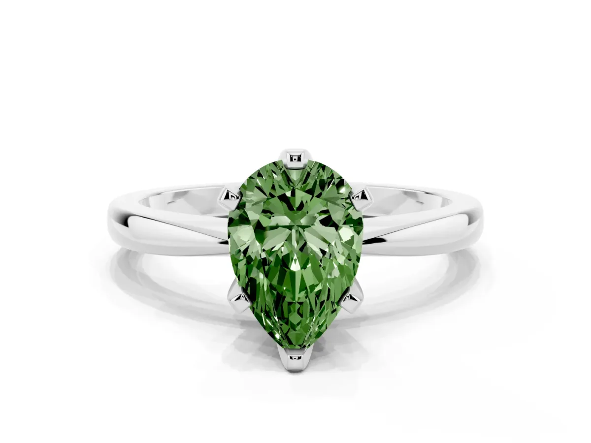 Fancy Green Pear Cut Solitaire Engagement Ring with Six-Prong Setting and Tapered Band Silver