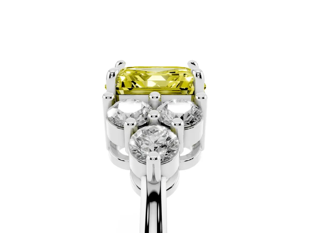 Fancy Yellow Asscher Cut Brilliant Diamond Cluster Accent Solitaire Ring with Prong Setting Silver