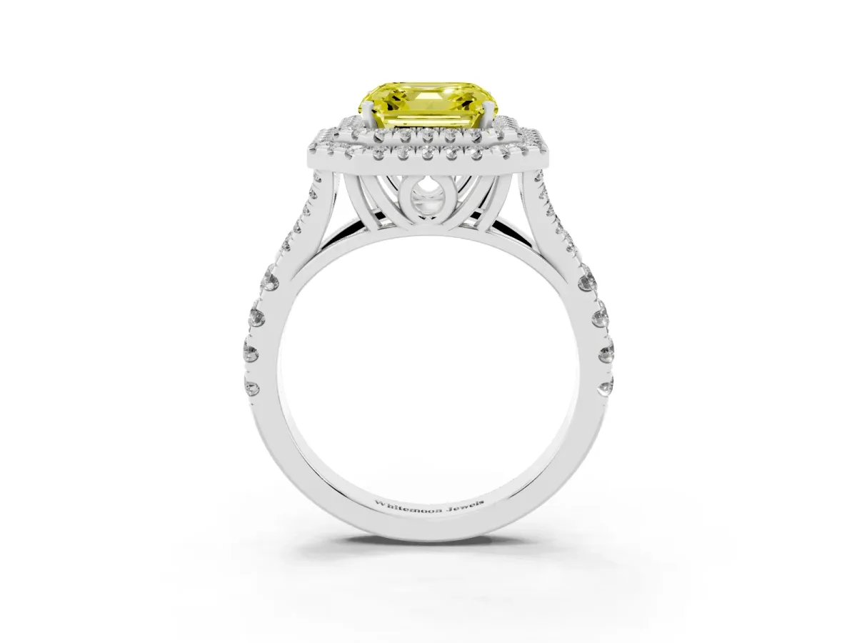 Fancy Yellow Asscher Cut Diamond Pavé Split Shank Double Halo Engagement Ring Platinum