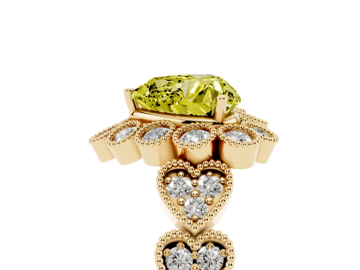 Fancy Yellow Heart Cut Brilliant Milgrain Pave Heart Band Solitaire Ring Yellow gold