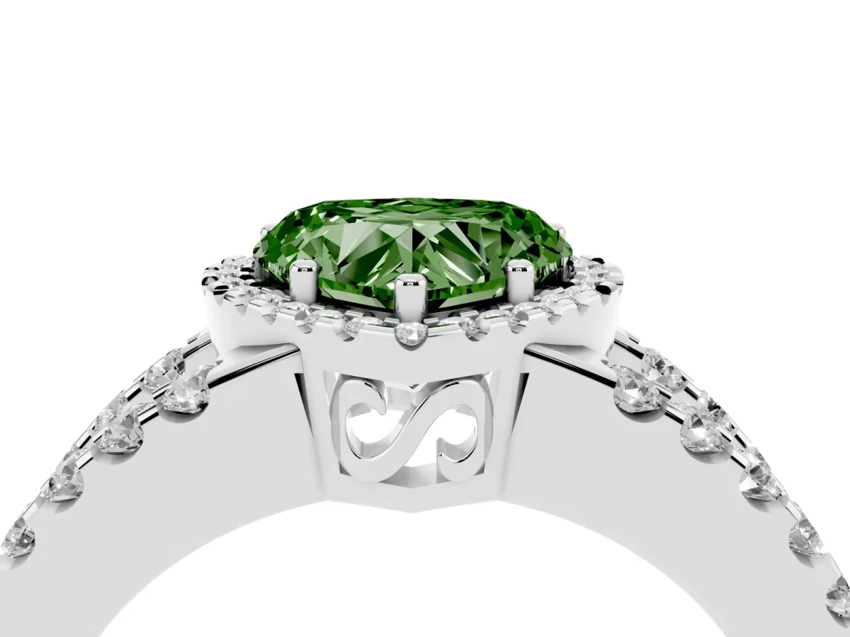 Fancy Green Heart Cut Cut Halo Split Shank Diamond Ring with Four-Prong Setting Silver