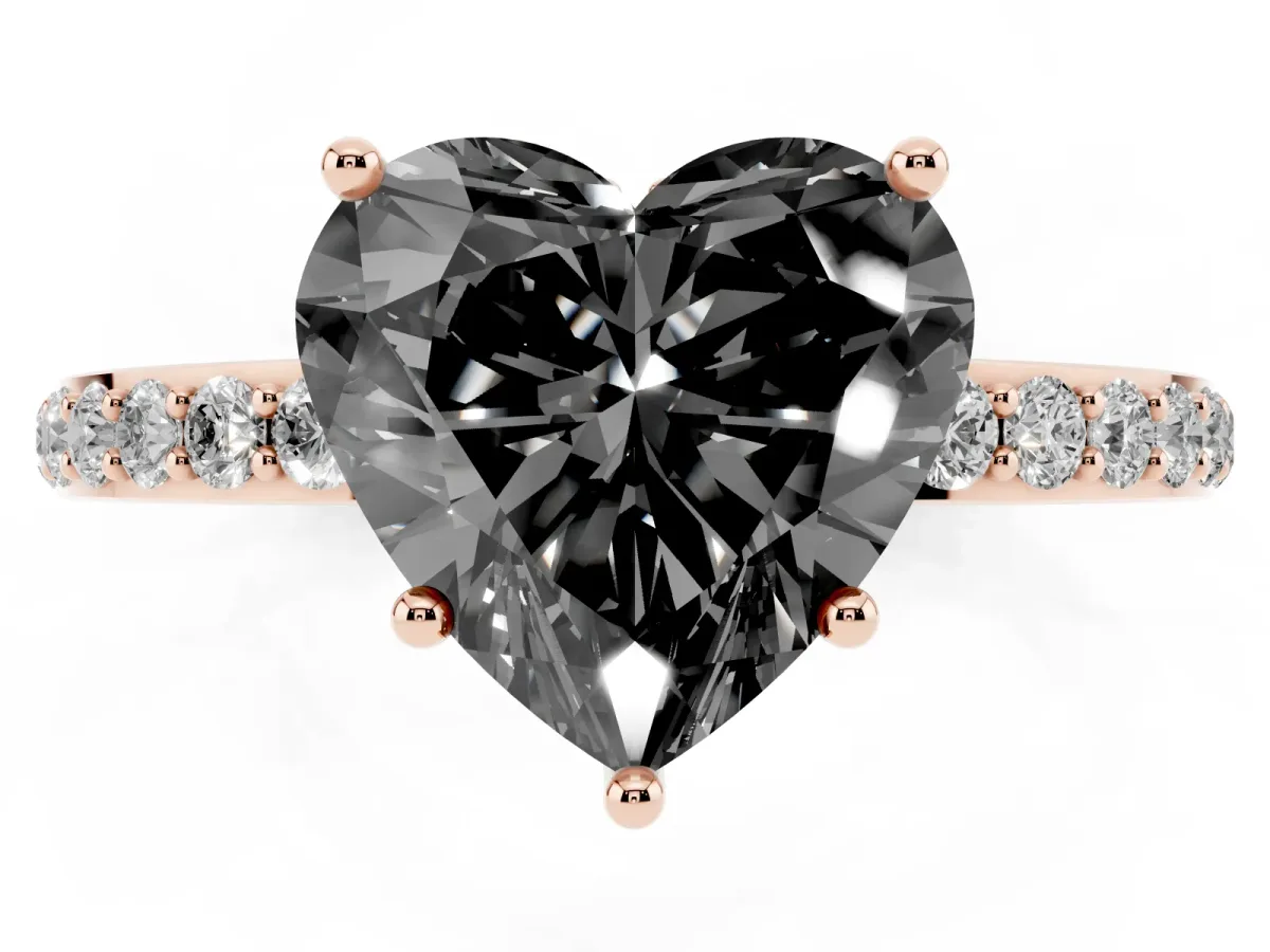 Fancy Black Heart Cut Diamond Solitaire Ring with Pavé Band and Hidden Halo Rose gold