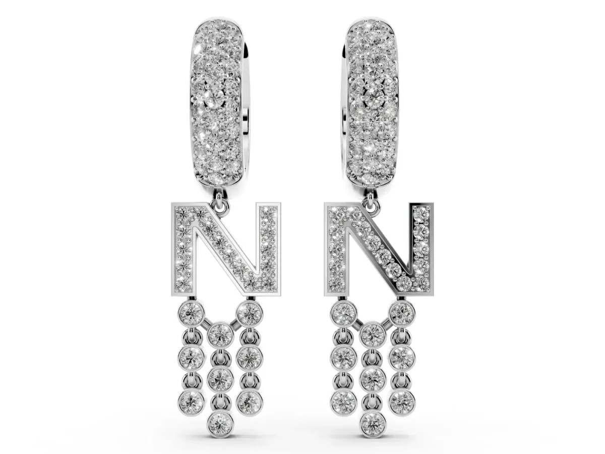 Round Diamond Initial N Huggie Hoop Earrings Silver