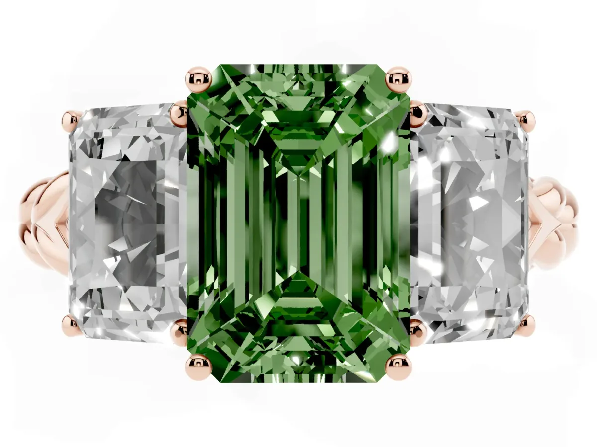 Fancy Green Three-Stone Emerald Cut Diamond Braided Band Ring with Four-Prong Setting Rose gold