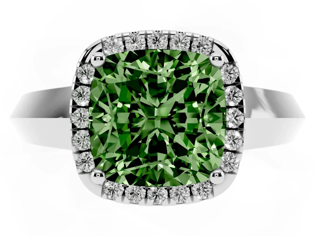 Fancy Green Cushion Cut Halo Diamond Ring with Cathedral Band and Four-Prong Setting Silver