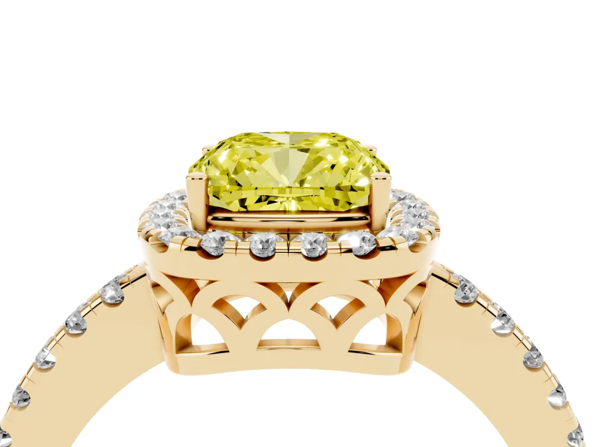 Fancy Yellow Cushion Cut Halo Diamond Engagement Ring with Pavé Band and Four-Prong Setting Yellow gold