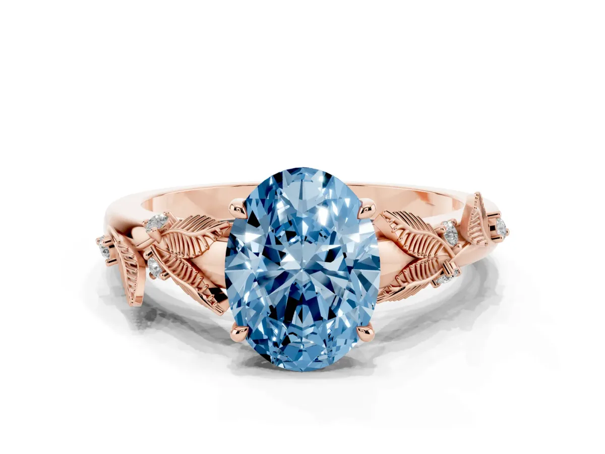 Fancy Blue Oval Cut Diamond Solitaire Ring with Leaf Motif Band and Four-Prong Setting Rose gold