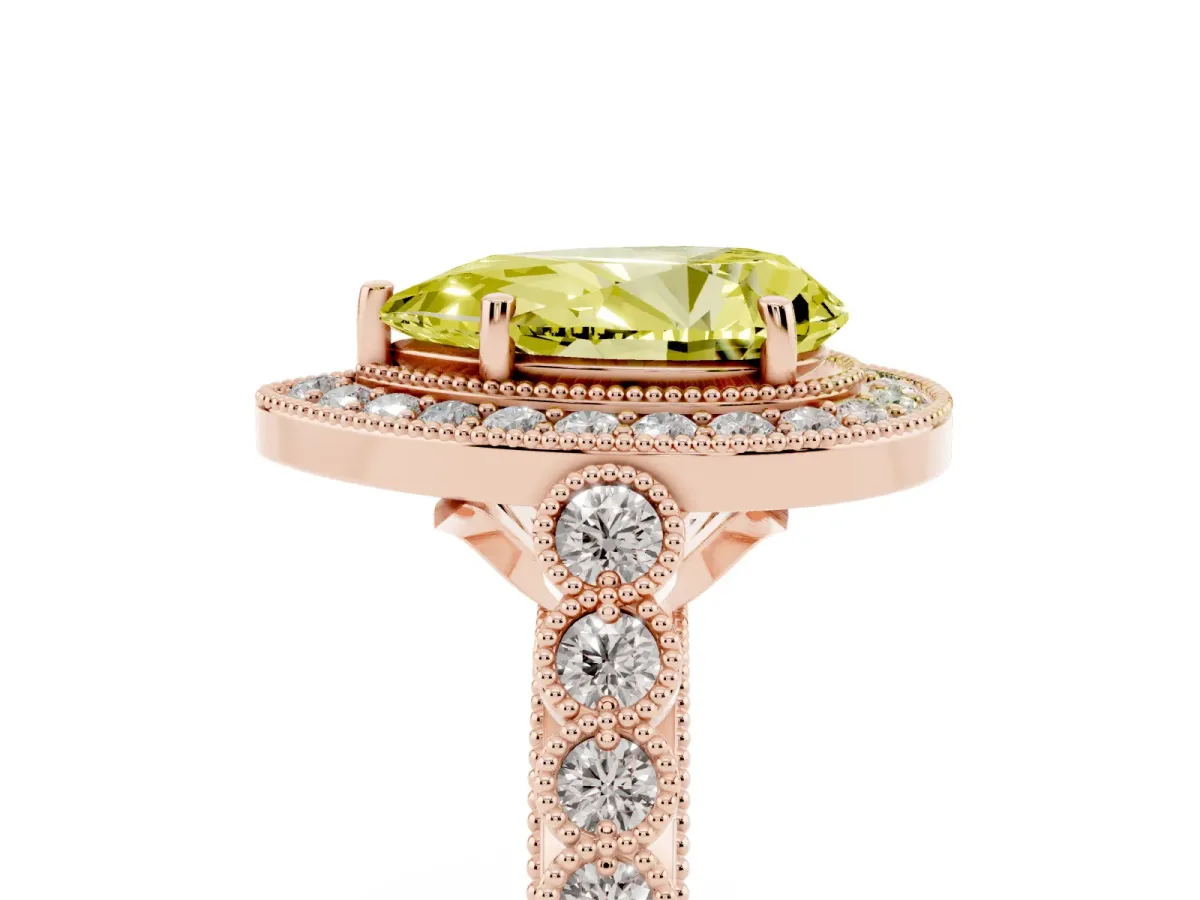 Fancy Yellow Pear Cut Halo Milgrain Solitaire with Bezel Set Side Stones and Pave Band Rose gold