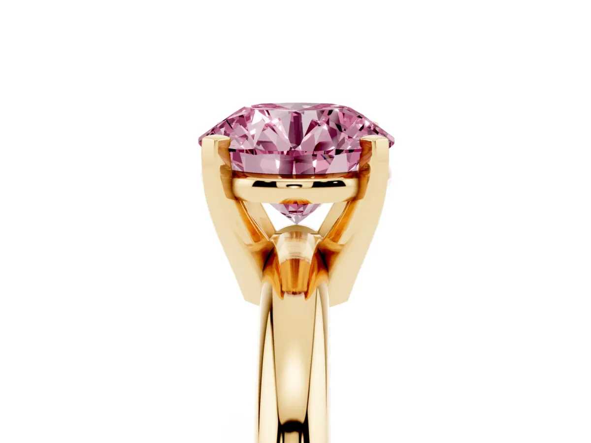 Fancy Pink Round Cut Diamond Solitaire Engagement Ring with Round Band and Four-Prong Setting Yellow gold