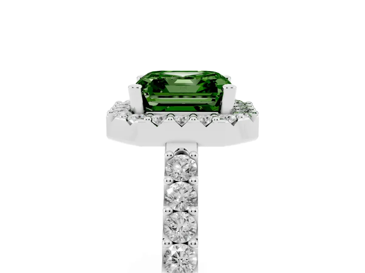 Fancy Green Asscher Cut Halo Diamond Pavé Solitaire Ring Silver