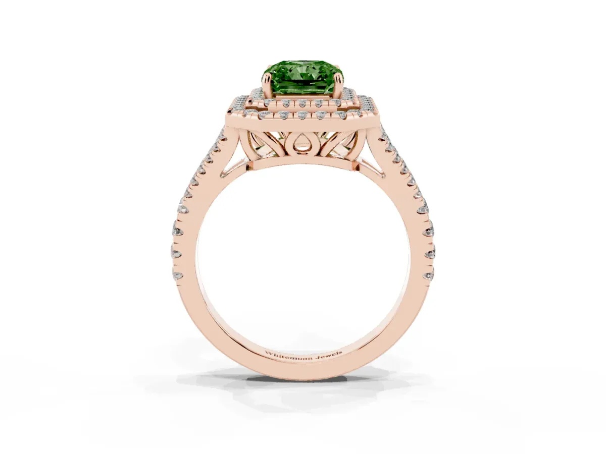 Fancy Green Radiant Cut Diamond Double Halo Ring with Pavé Band and Prong Setting Rose gold