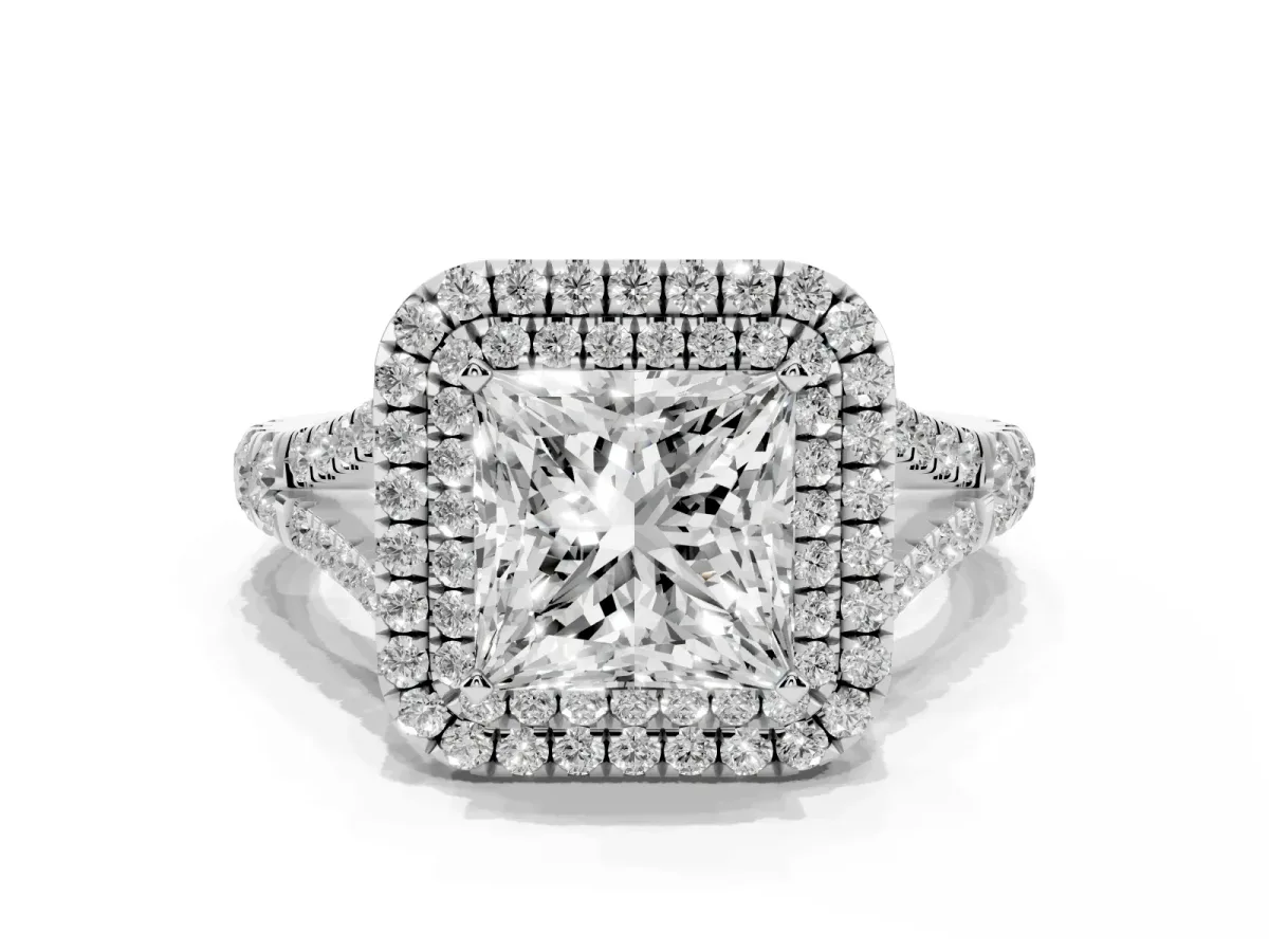 Princess Cut Cut Double Halo Split Shank Diamond Ring with Prong Setting Silver