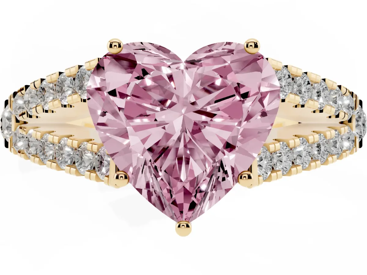 Fancy Pink Heart Cut Diamond Split Shank Pavé Engagement Ring with Four-Prong Setting Yellow gold