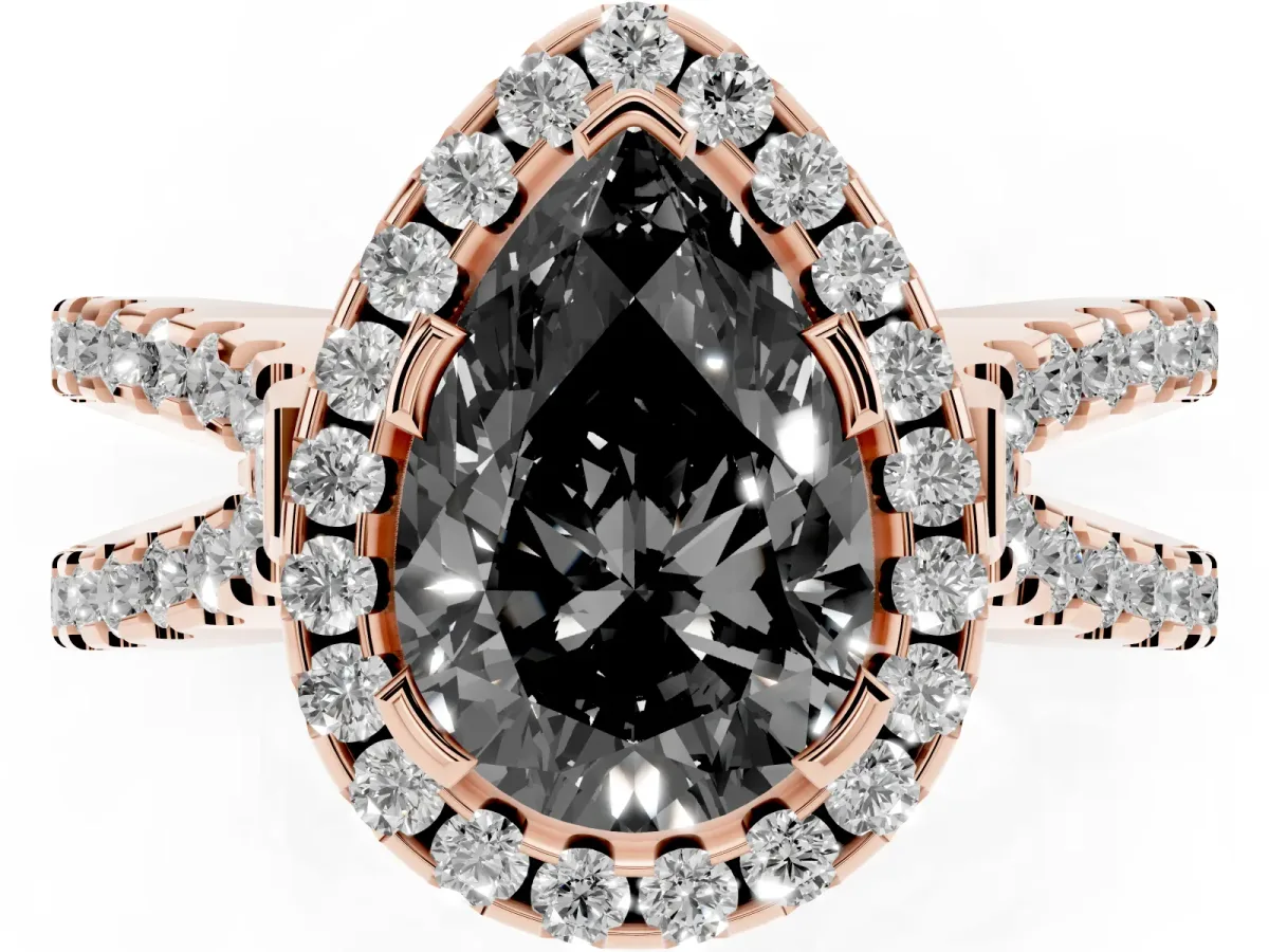Fancy Black Pear Cut Diamond Halo Ring with Split Shank Pavé Band and Prong Setting Rose gold