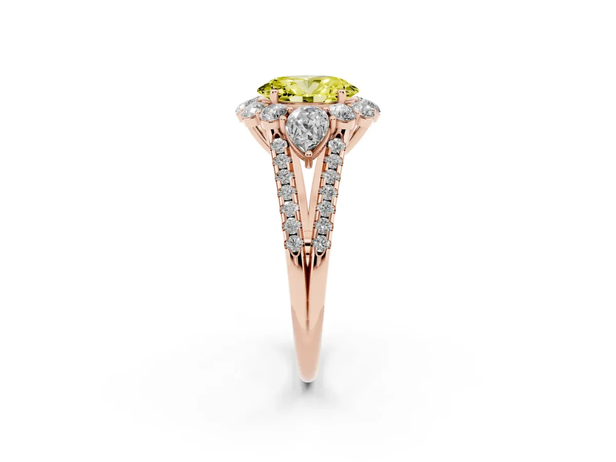 Fancy Yellow Oval Cut Halo Split Shank Diamond Engagement Ring with Prong Setting Rose gold