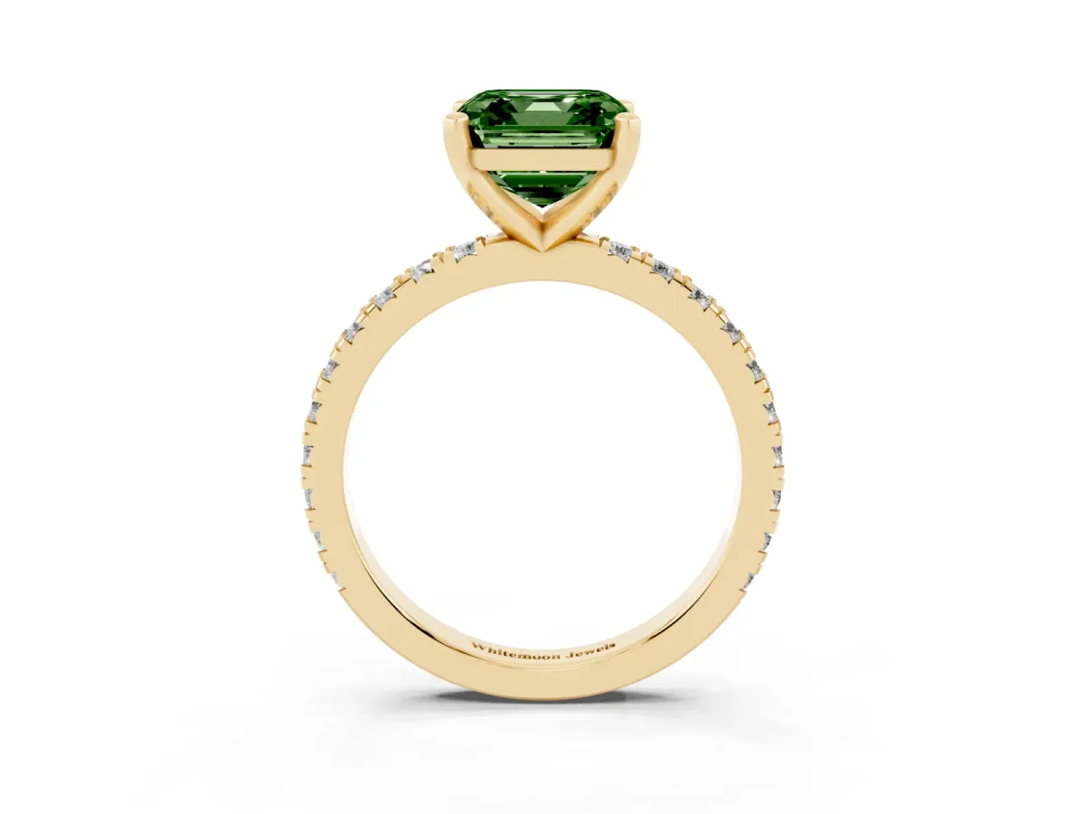 Fancy Green Asscher Cut Diamond Pavé Band Solitaire with Four-Prong Setting Yellow gold
