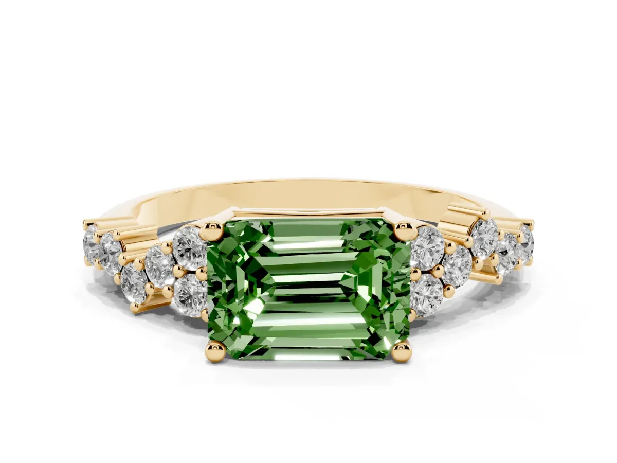 Fancy Green Emerald Cut Diamond Scattered Round Accent Ring with Prong Setting Yellow gold