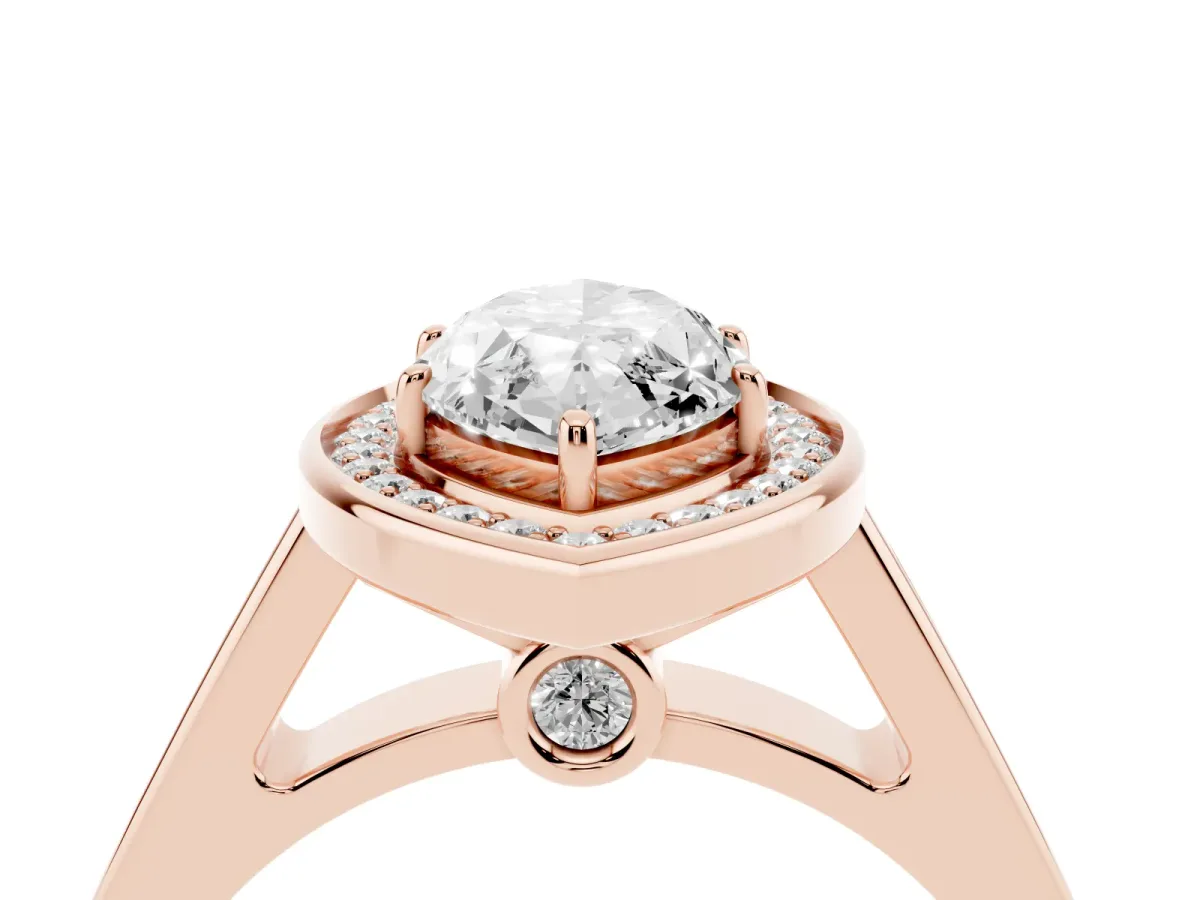Marquise Cut Halo Solitaire Diamond Ring with Pave Band and Bezel Setting Rose gold
