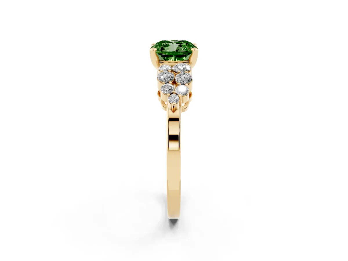 Fancy Green Cushion Cut Cluster Diamond Engagement Ring with Pavé Band and Four-Prong Setting Yellow gold