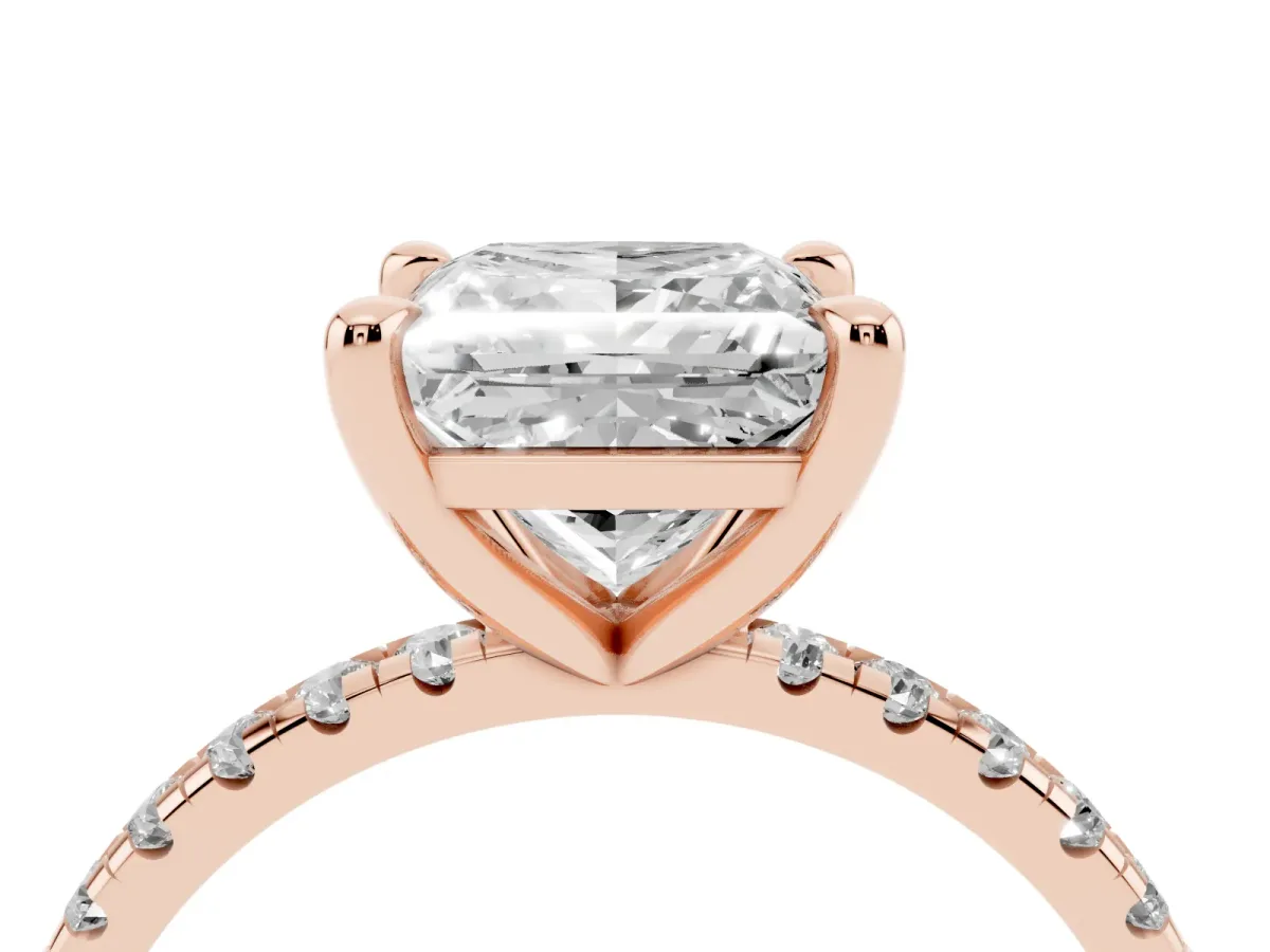 Princess Cut Diamond Brilliant Solitaire Ring with Pavé Band and Four-Prong Setting Rose gold