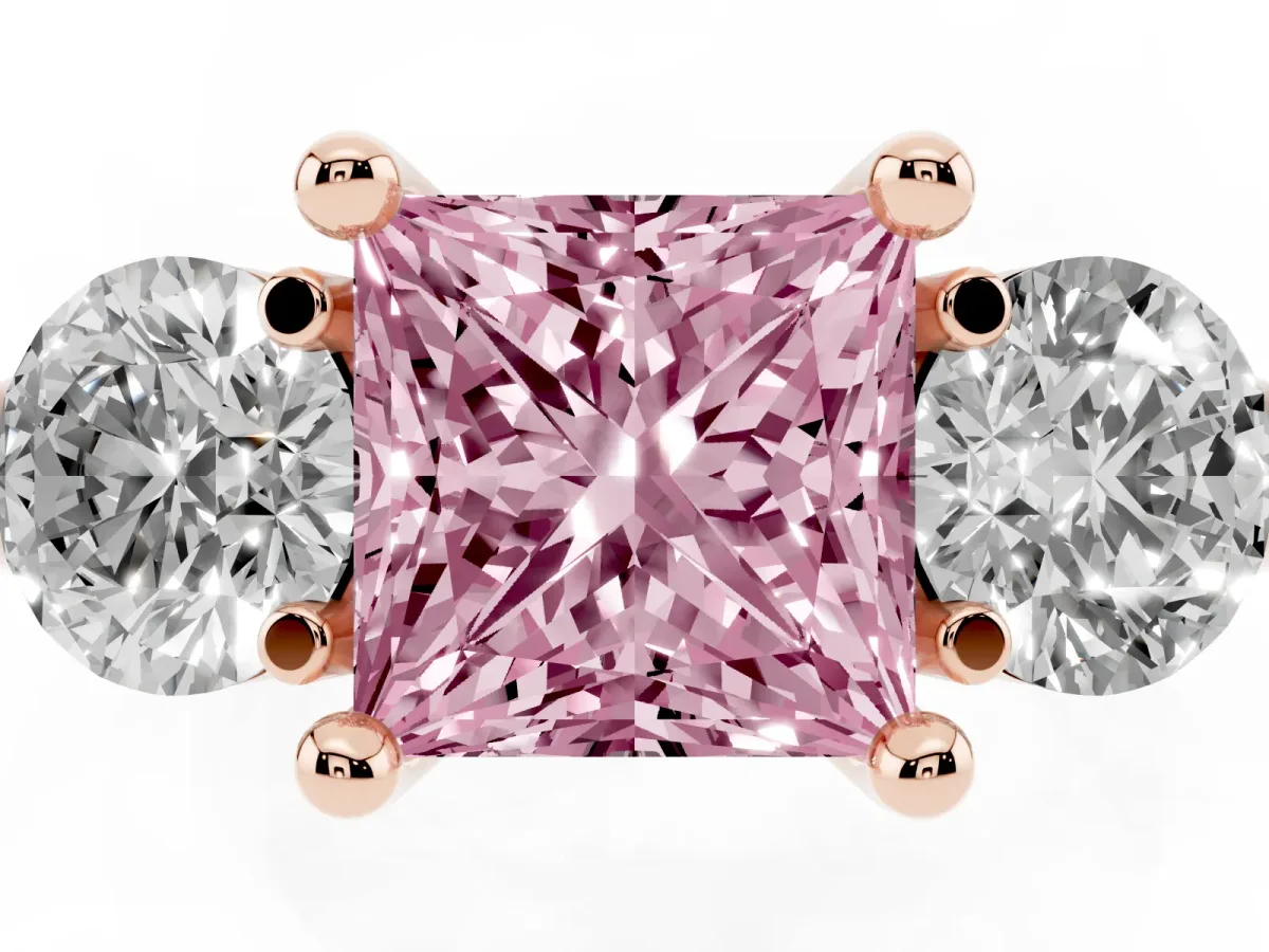 Fancy Pink Three-Stone Princess Cut Brilliant Cut Solitaire Ring with Prong Setting on a Classic Band Rose gold