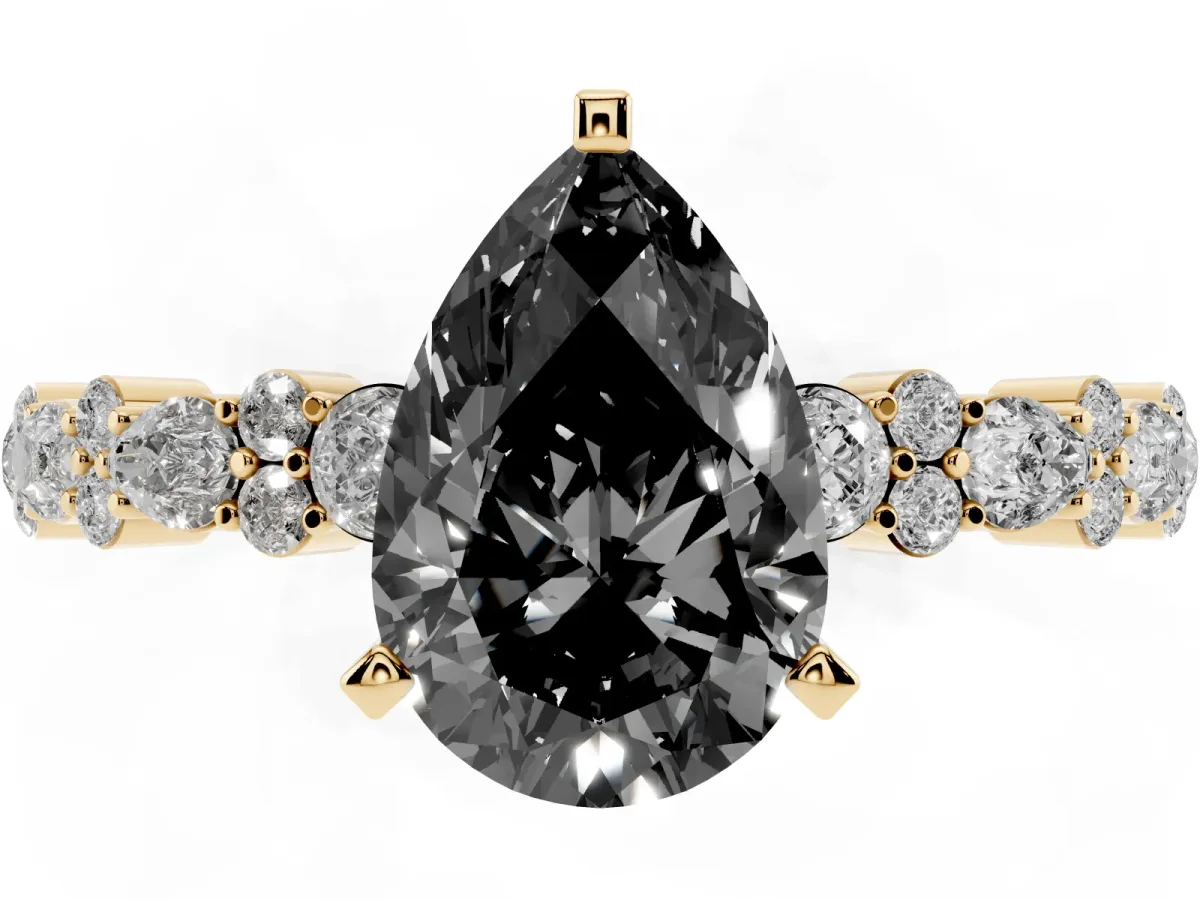 Fancy Black Pear Cut Diamond Side Stone Solitaire Ring with Round and Four-Prong Setting Yellow gold