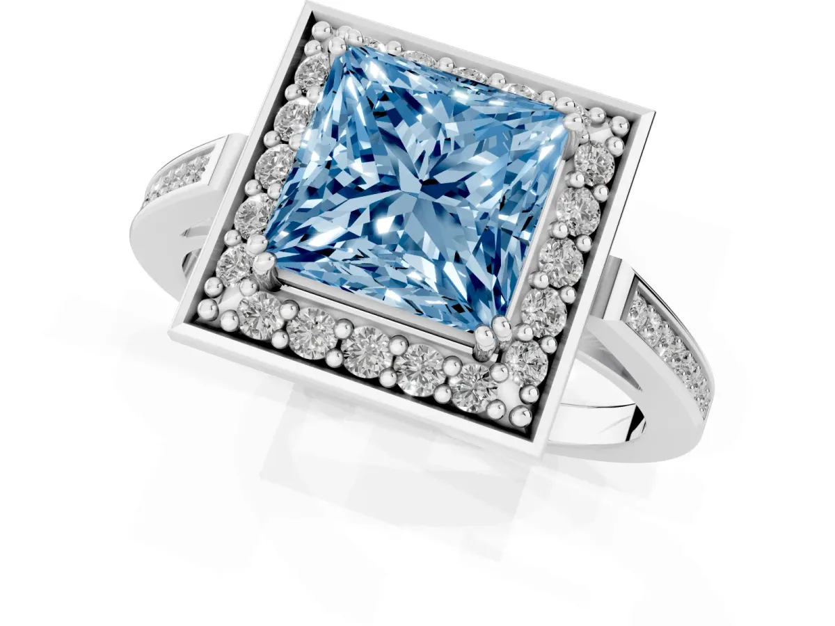 Fancy Blue Princess Cut Diamond Halo Ring with Split Shank and Four-Prong Setting Platinum