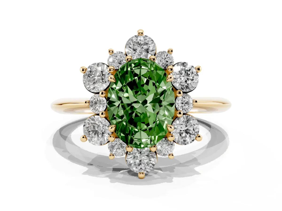 Fancy Green Oval Cut Diamond Cluster Halo Ring with Solitaire Band and Four-Prong Setting Yellow gold
