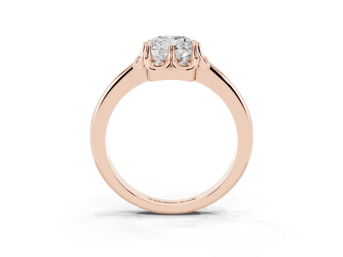 Cushion Cut Halo Diamond Ring with Round Cluster Setting, Solitaire Band, and Four-Prong Setting Rose gold