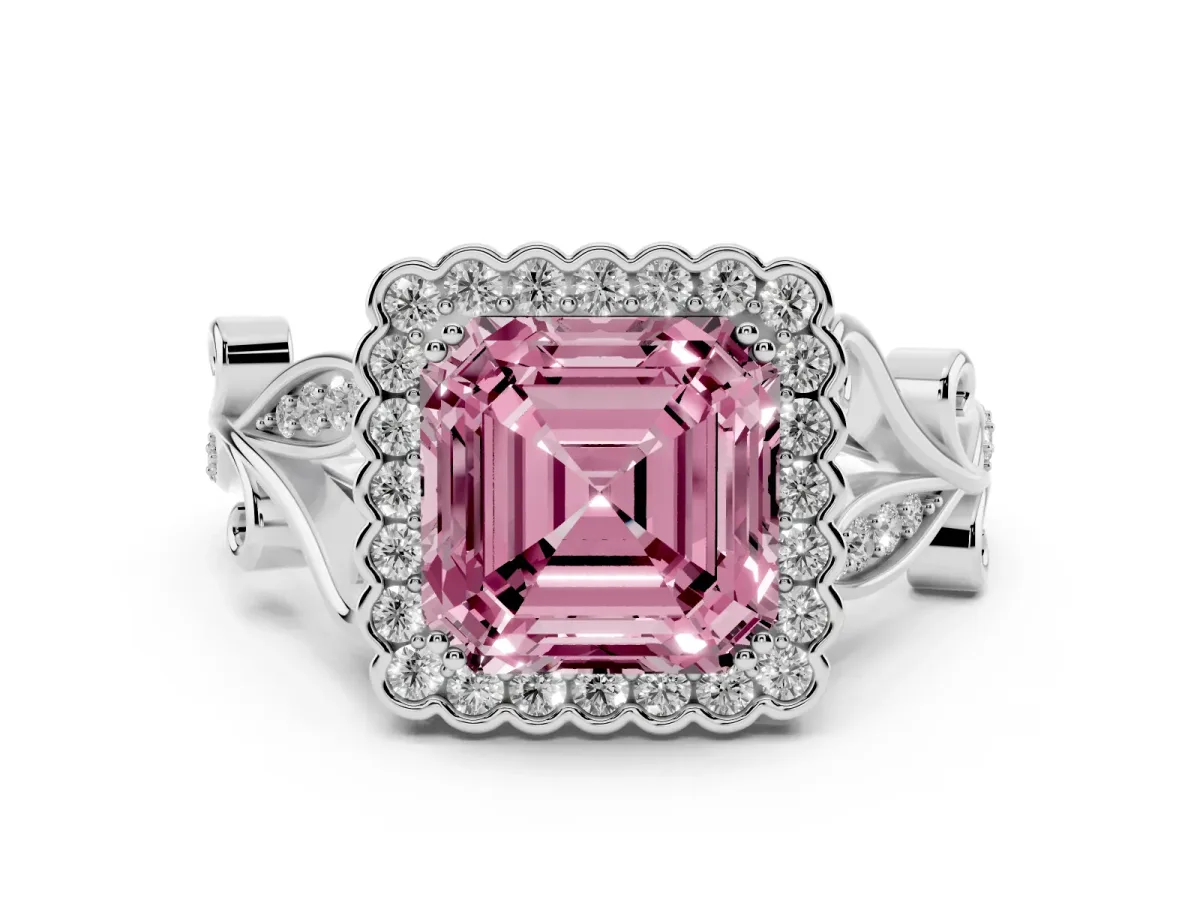 Fancy Pink Asscher Cut Diamond Halo Ring with Vintage Split Shank and Four-Prong Setting Silver