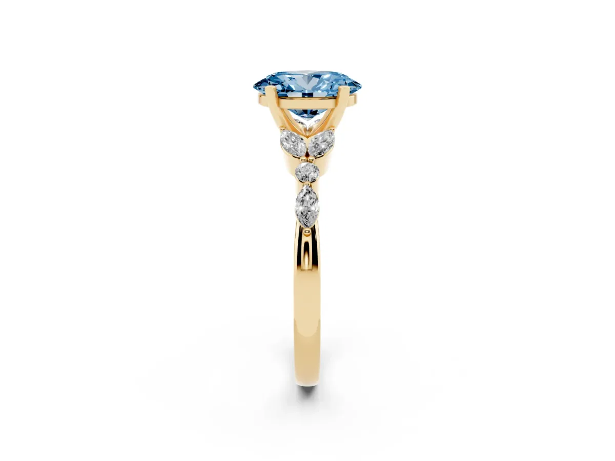 Fancy Blue Oval Cut Diamond Solitaire Ring with Side Stones and Four-Prong Setting Yellow gold