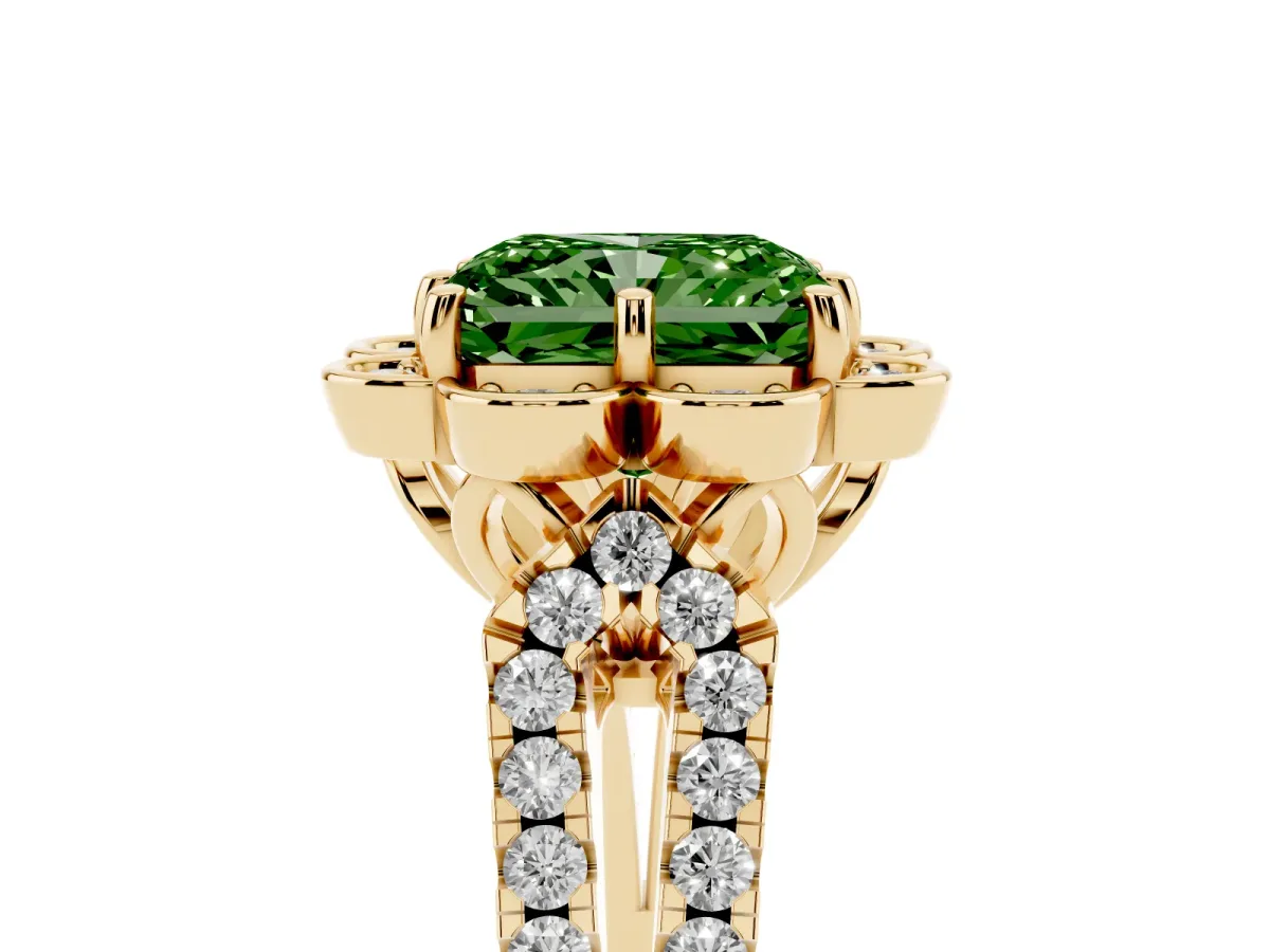 Fancy Green Radiant Cut Halo Diamond Floral Split Shank Engagement Ring Yellow gold