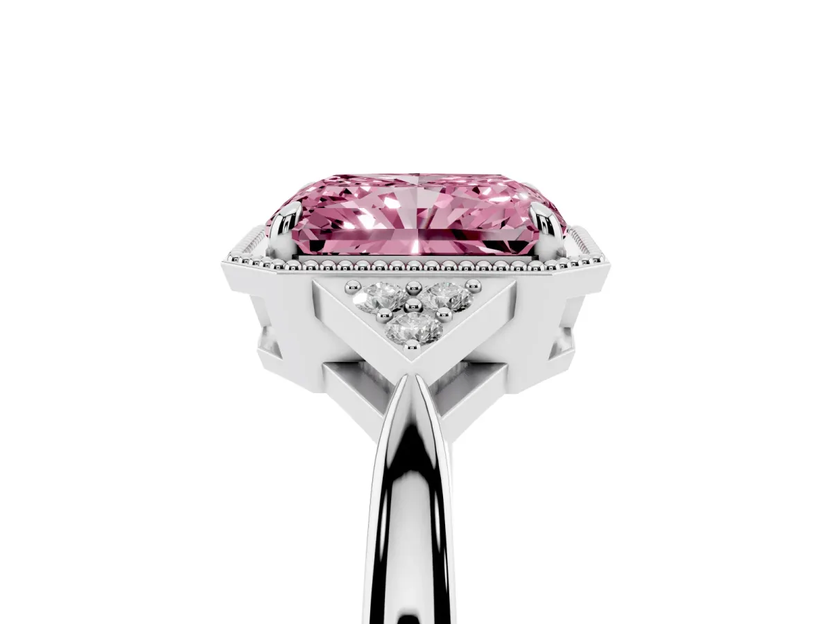 Fancy Pink Radiant Cut Diamond Halo Ring with Tapered Band and Four-Prong Setting White gold