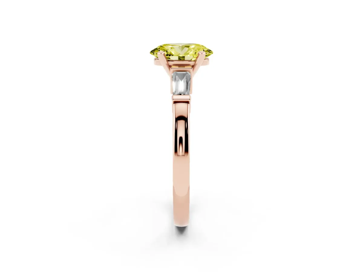 Fancy Yellow Oval Cut Cut Diamond Solitaire Ring with Tapered Baguette Accents and Four-Prong Setting Rose gold