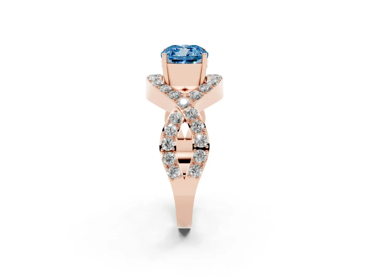 Fancy Blue Cushion Cut Solitaire Twist Band Pavé Diamond Engagement Ring Rose gold