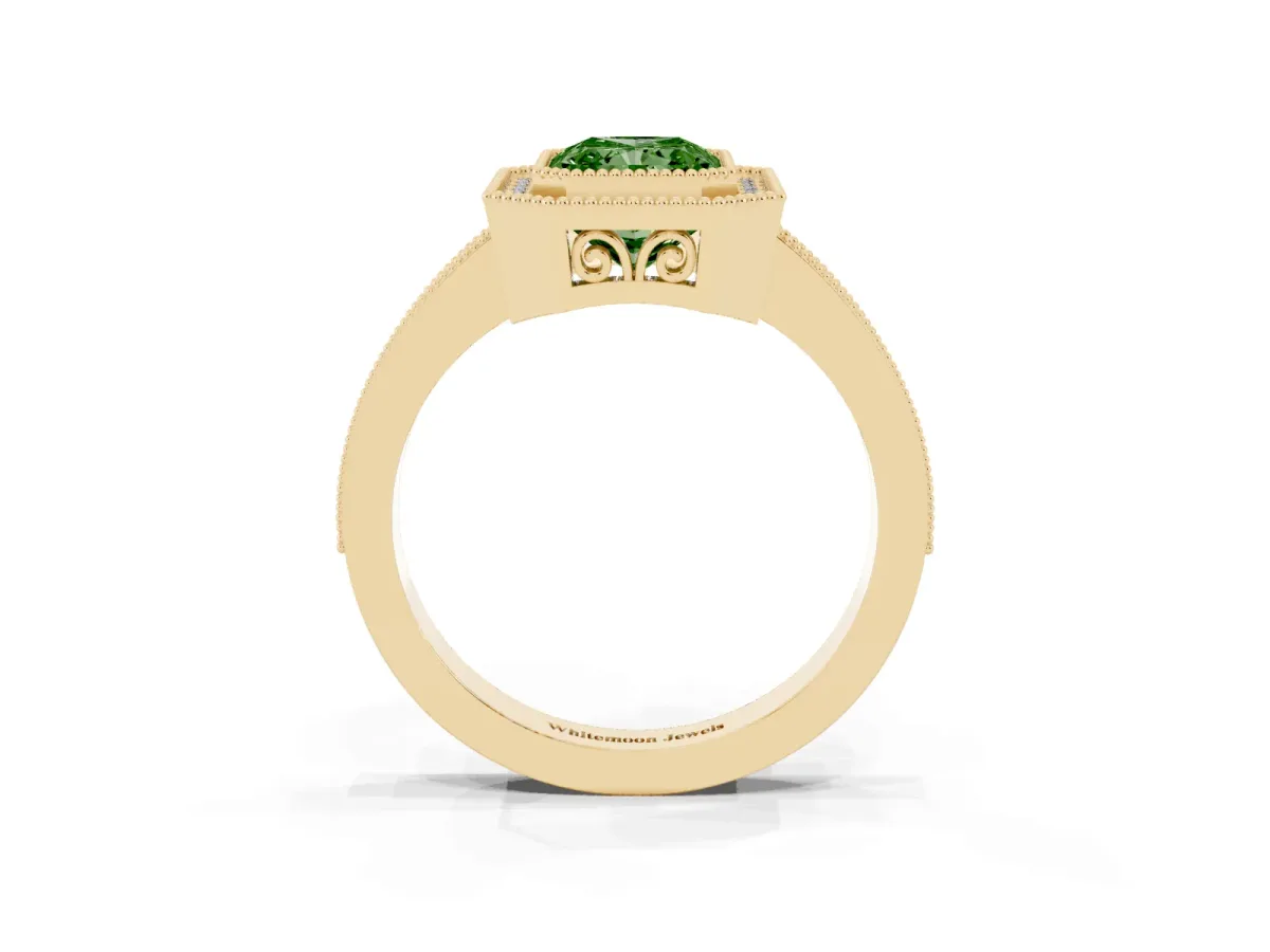 Fancy Green Radiant Cut Cut Halo Diamond Ring with Pavé Band and Milgrain Prong Setting Yellow gold