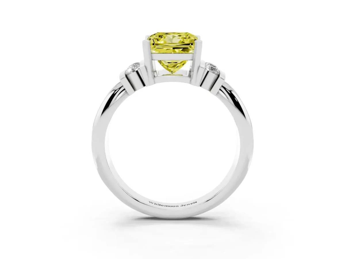 Fancy Yellow Princess Cut Cut Three-Stone Channel Set Ring with Bar Prongs Silver
