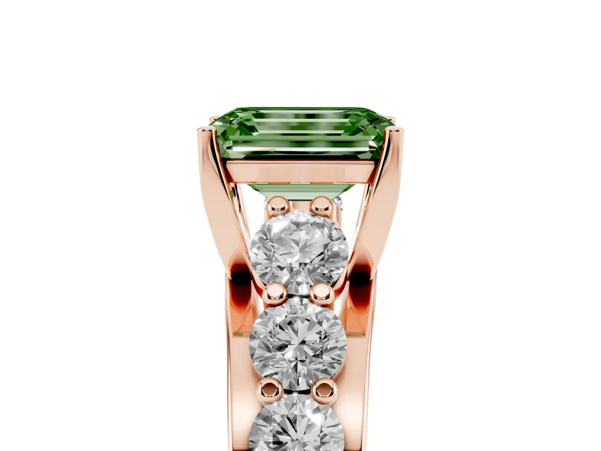 Fancy Green Emerald Cut Diamond Engagement Ring with Pavé Band and Four-Prong Setting Rose gold