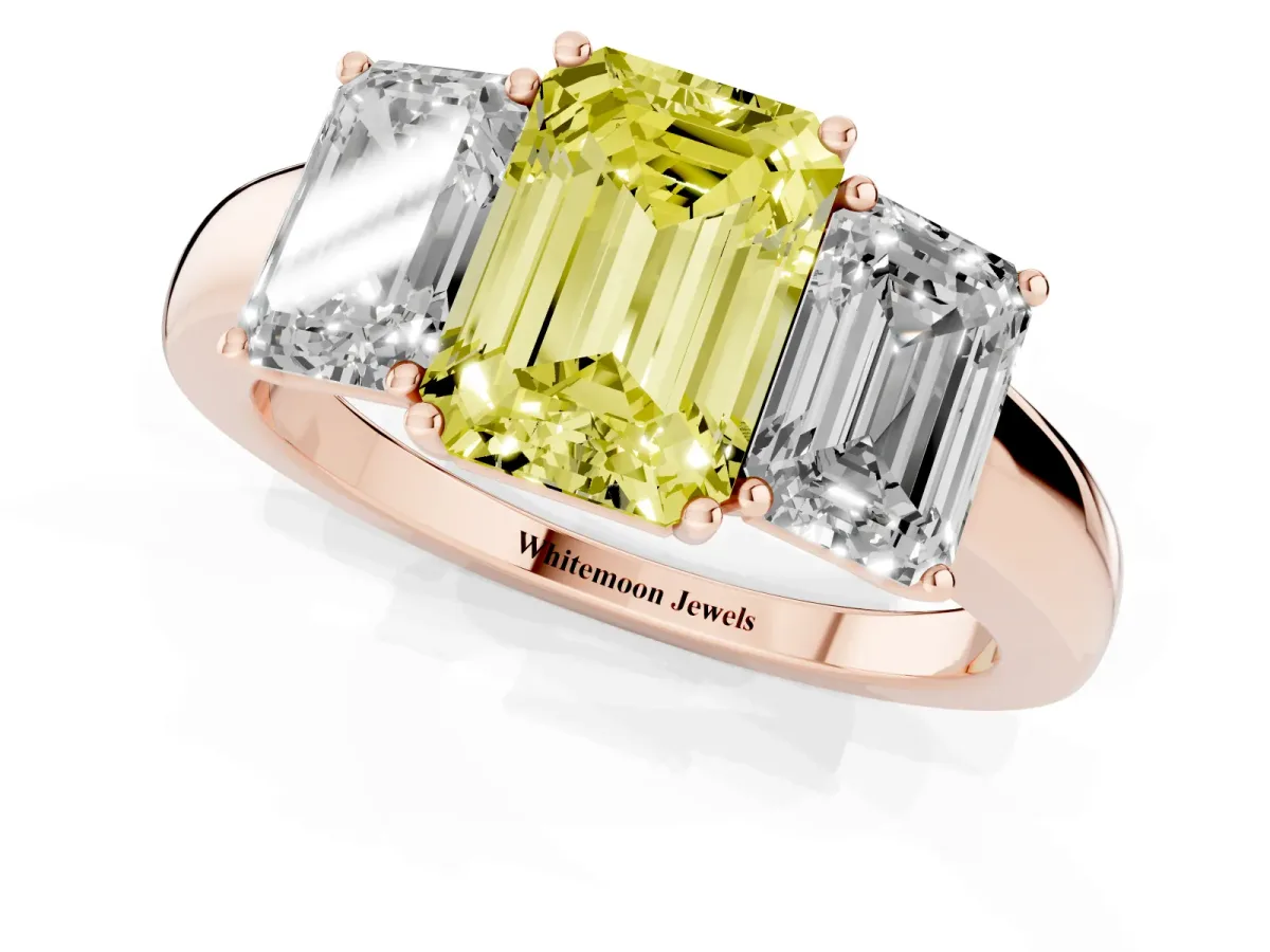 Fancy Yellow Emerald Cut Diamond Three-Stone Ring with Four-Prong Setting and Classic Band Rose gold